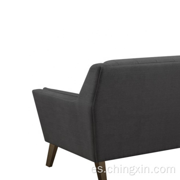 Sofá de ocio de tela gris de dos asientos con patas de madera maciza